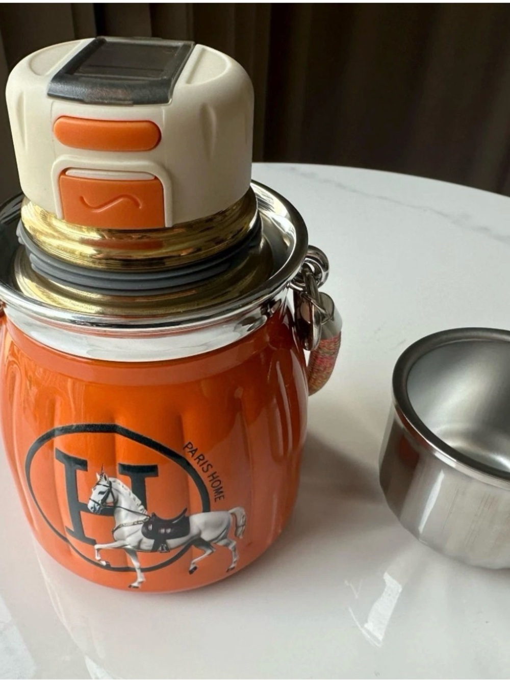 Hermes Orange Horse Print Drinkware Flask with Silver Cap - Picture 4 of 7